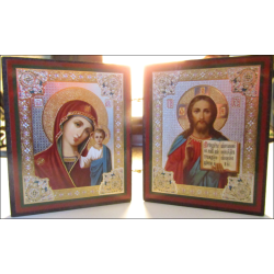 Icono del díptico ortodoxo ruso Virgen Kazán y Jesucristo