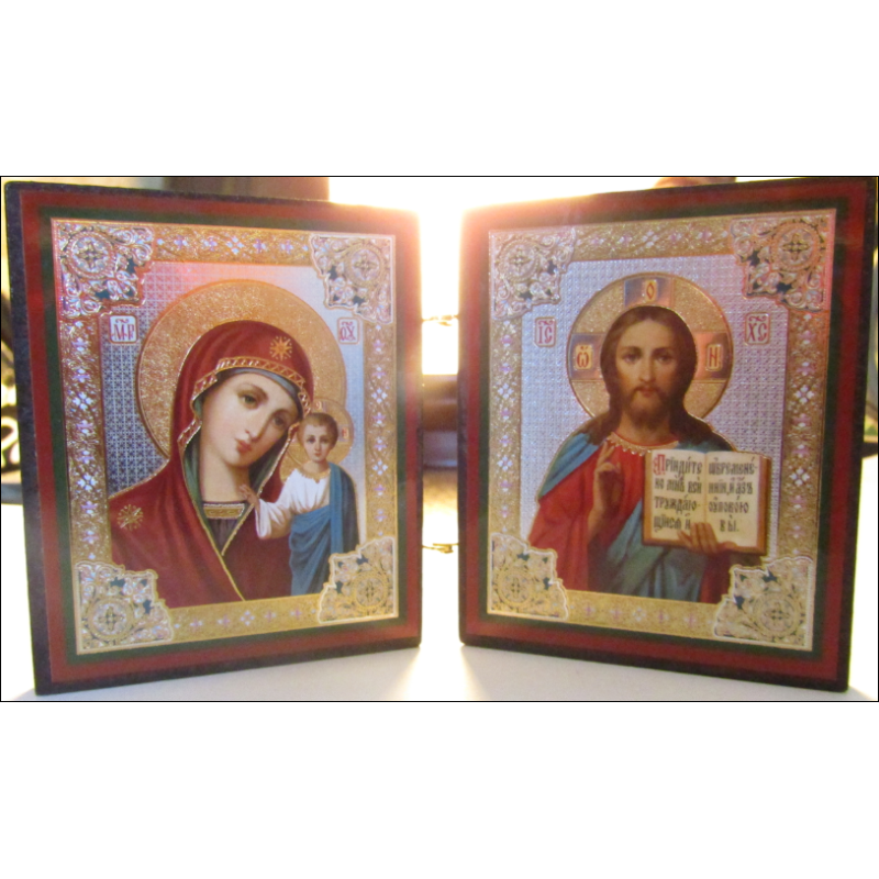Icono del díptico ortodoxo ruso Virgen Kazán y Jesucristo