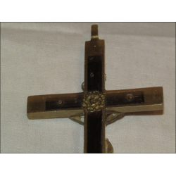 Antique 19th Century Wall Crucifix or Pendant in Brass and Ebony Wood
