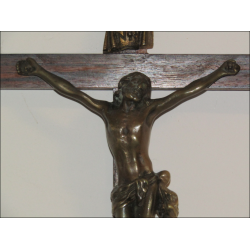 Crucifixo de parede antigo de madeira e bronze 20 cm