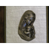 Small Virgin and Child display frame in chiseled pewter on grey fabric