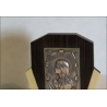 Wooden display stand with silver-plated medallion of the Praying Virgin