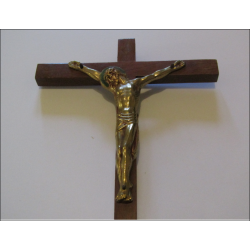 Très beau crucifix mural en bois et bronze 16 cm