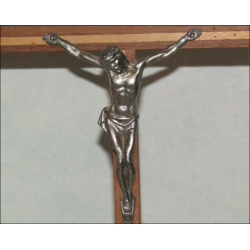 Altar crucifix on wooden base in wood and silver metal 20 cm