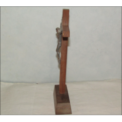 Altar crucifix on wooden base in wood and silver metal 20 cm