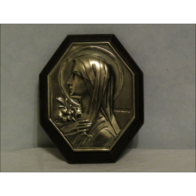 Small wooden and bronze frame of the Virgin with the Lily signed Parvillers